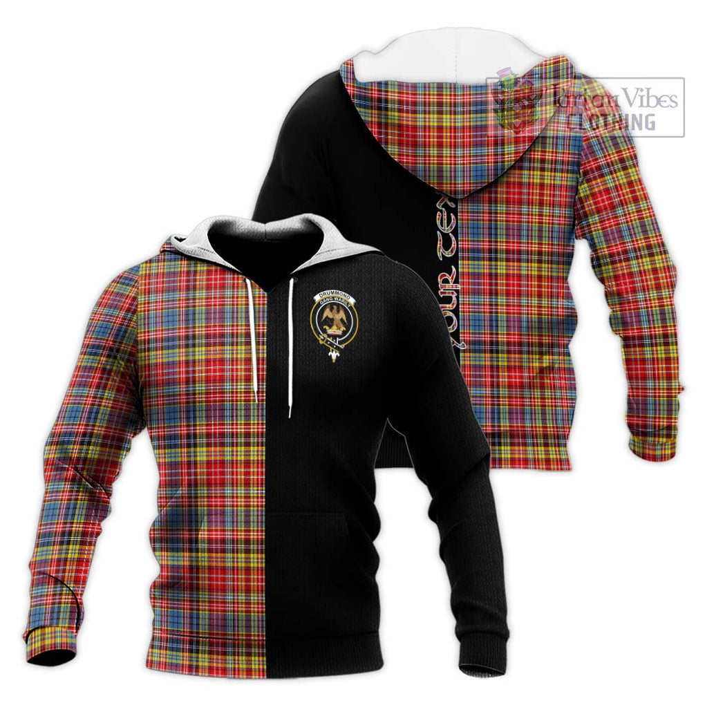 Drummond of Strathallan Modern Tartan Knitted Hoodie with Family Crest and Half Of Me Style Unisex Knitted Pullover Hoodie - Tartanvibesclothing Shop