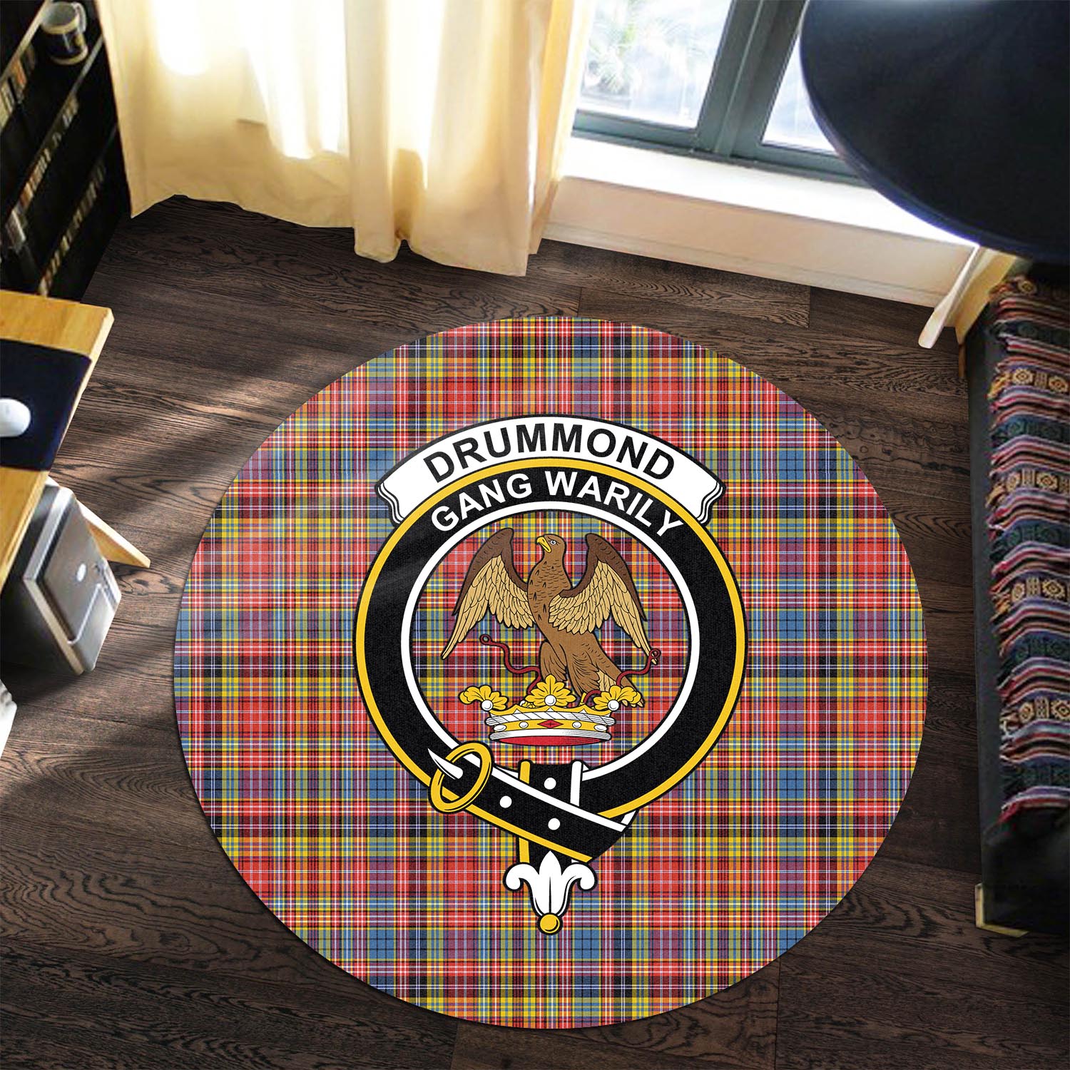 Drummond of Strathallan Modern Tartan Round Rug with Family Crest - Tartanvibesclothing