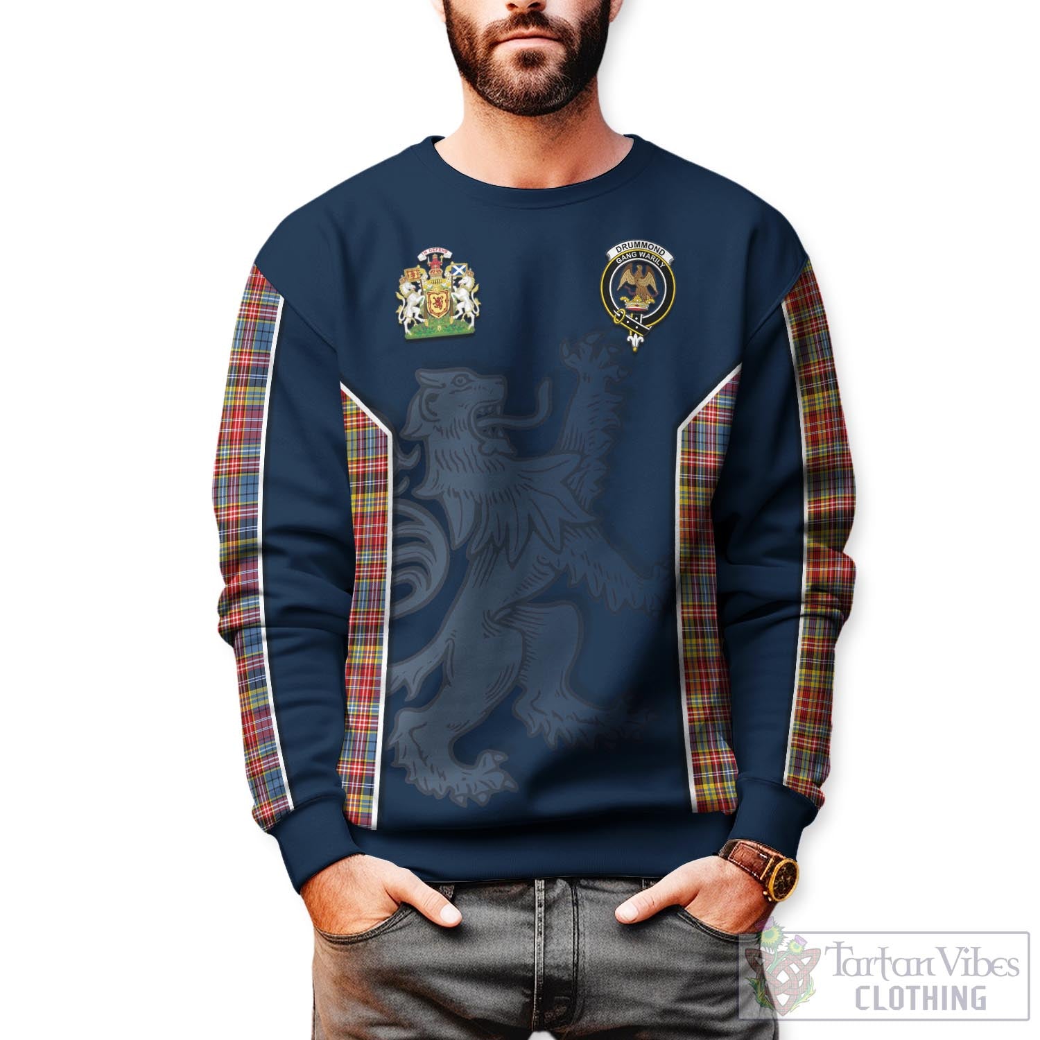 Tartan Vibes Clothing Drummond of Strathallan Modern Tartan Sweater with Family Crest and Lion Rampant Vibes Sport Style