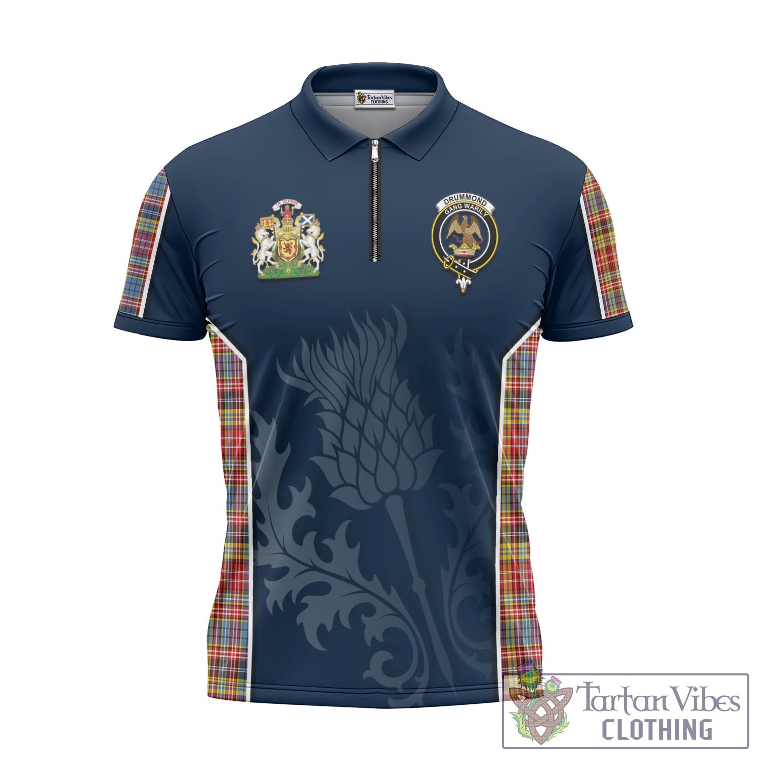 Tartan Vibes Clothing Drummond of Strathallan Modern Tartan Zipper Polo Shirt with Family Crest and Scottish Thistle Vibes Sport Style