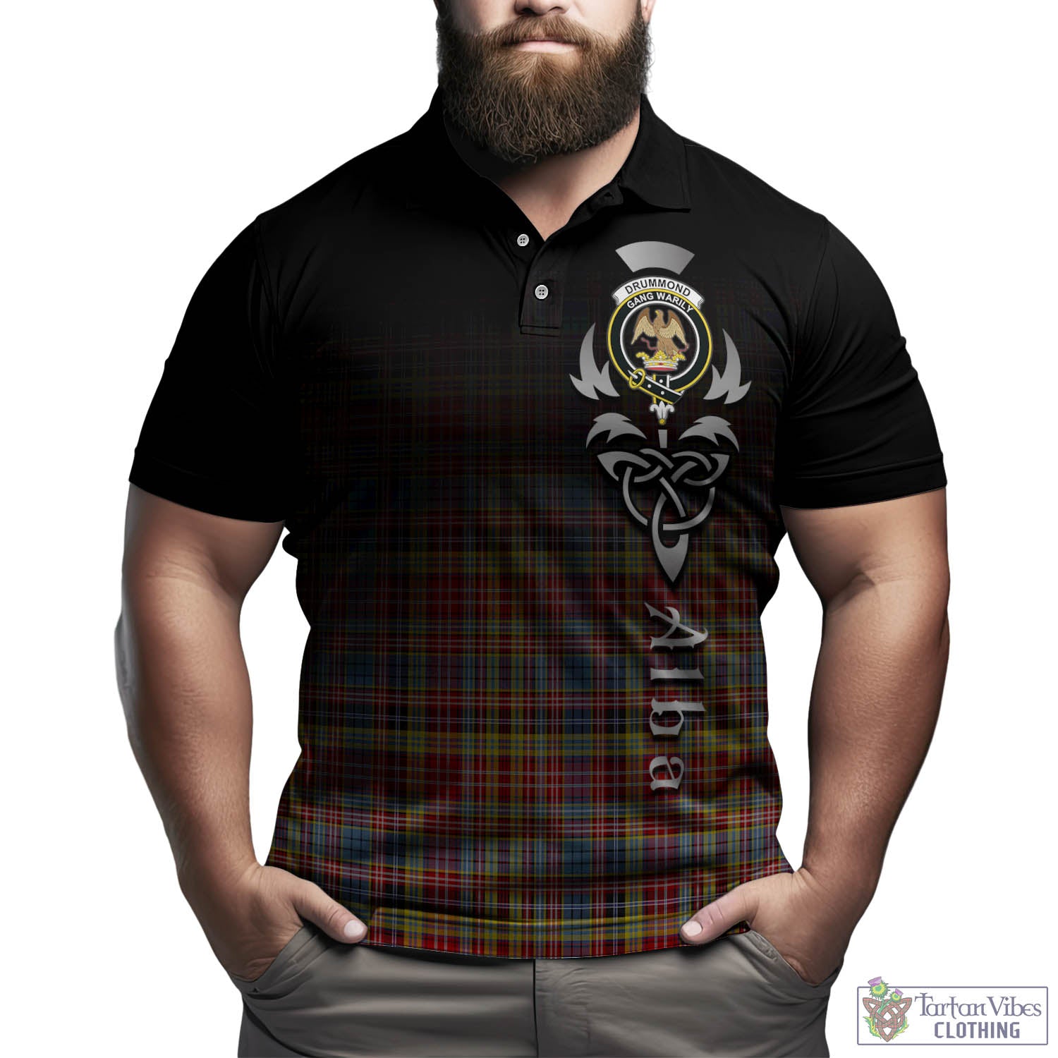 Tartan Vibes Clothing Drummond of Strathallan Modern Tartan Polo Shirt Featuring Alba Gu Brath Family Crest Celtic Inspired