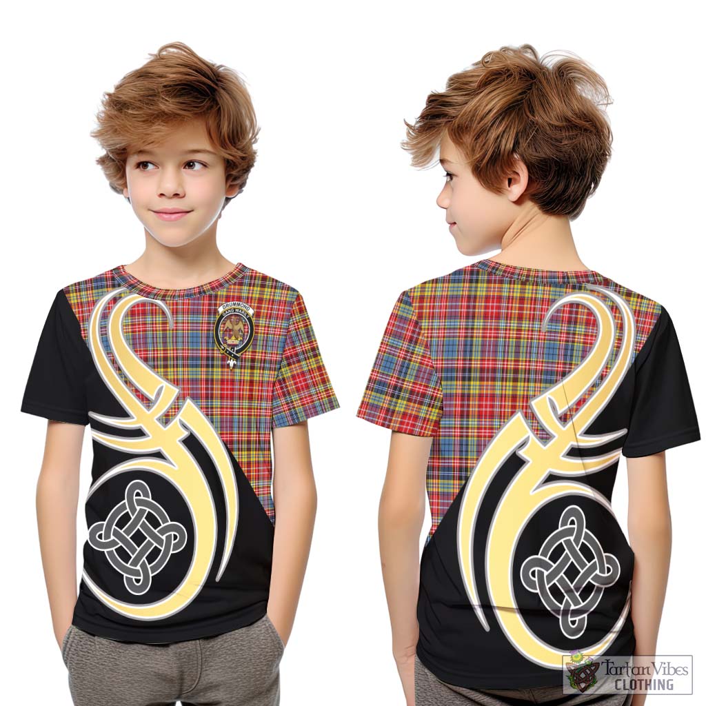 Drummond of Strathallan Modern Tartan Kid T-Shirt with Family Crest and Celtic Symbol Style Youth XL Size14 - Tartan Vibes Clothing