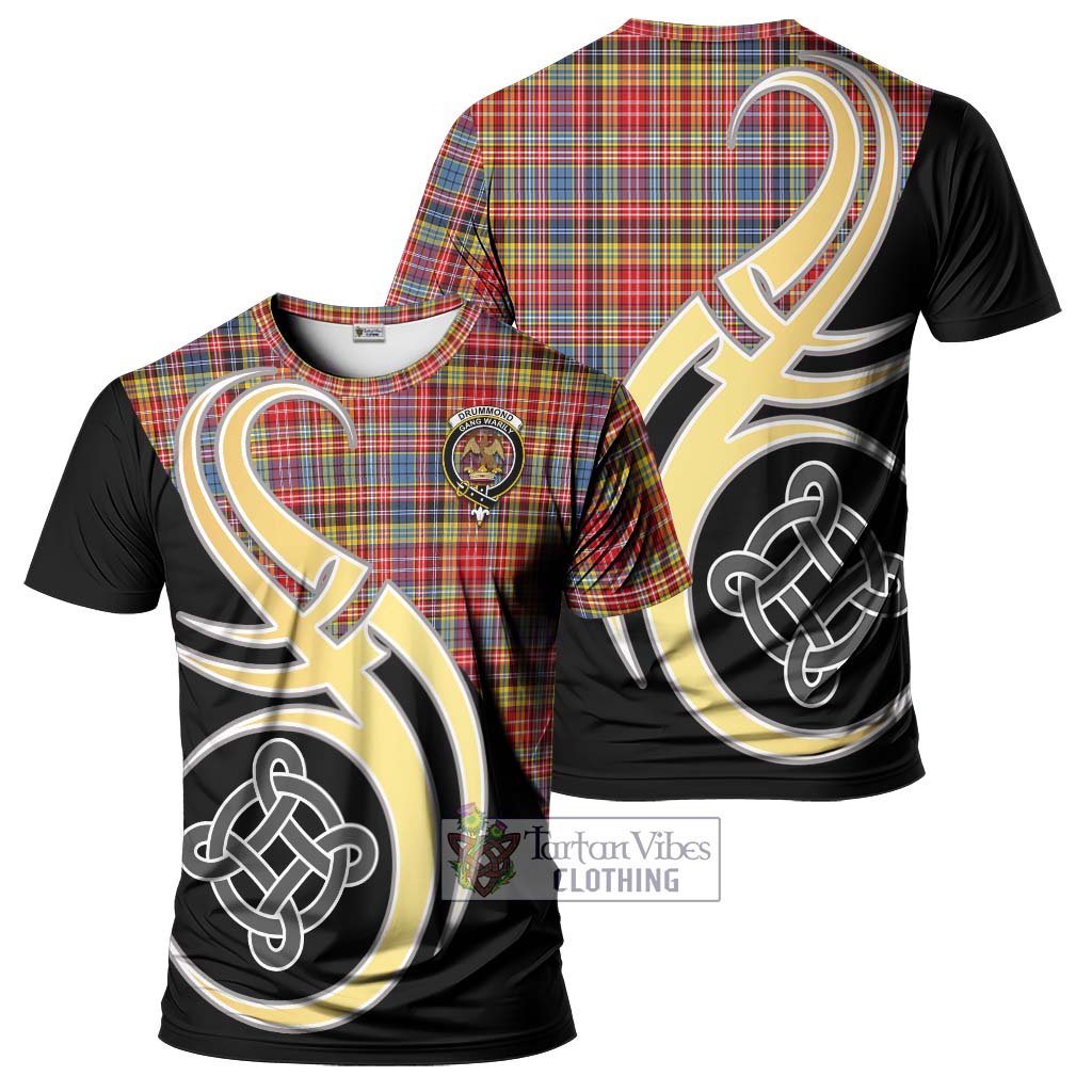 Tartan Vibes Clothing Drummond of Strathallan Modern Tartan T-Shirt with Family Crest and Celtic Symbol Style