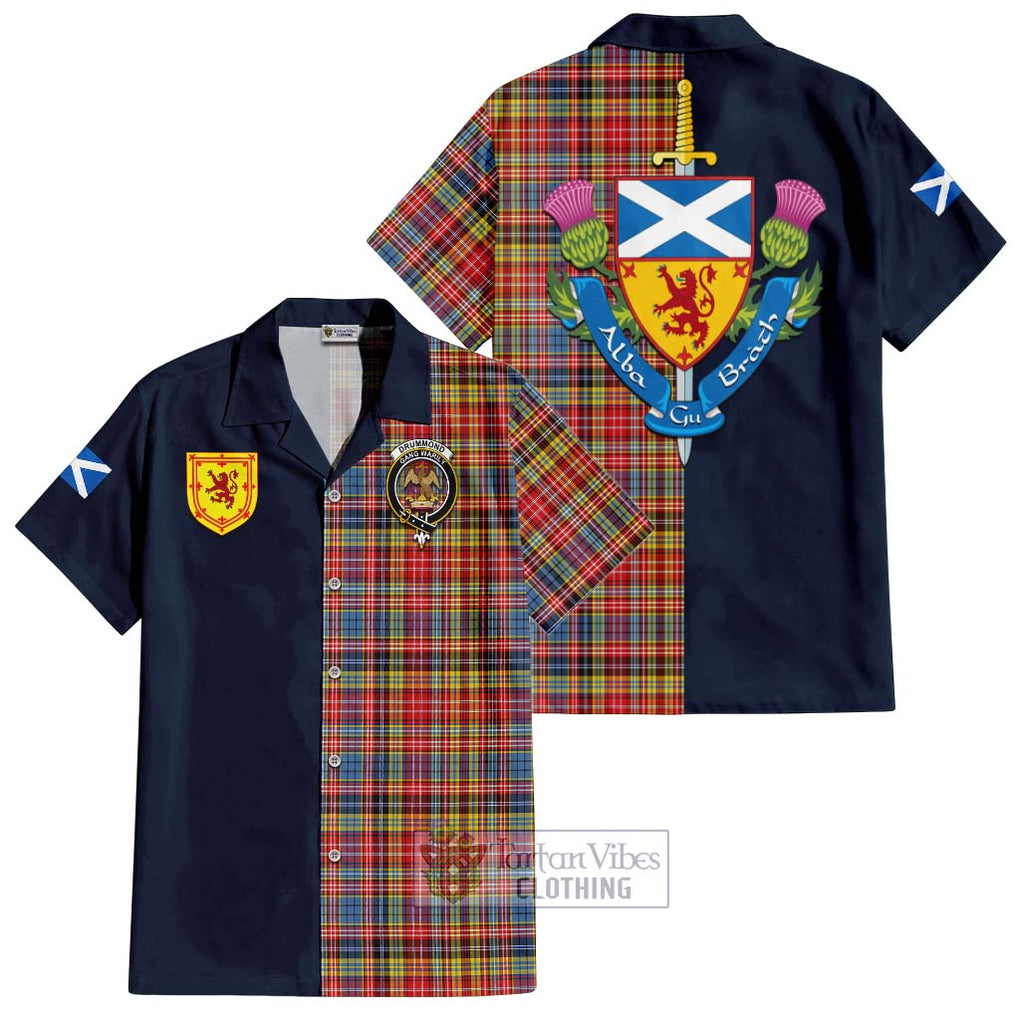 Tartan Vibes Clothing Drummond of Strathallan Modern Tartan Short Sleeve Button Shirt with Scottish Lion Royal Arm Half Style