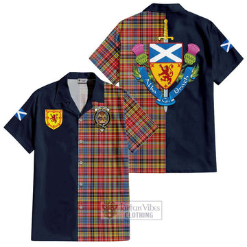 Drummond of Strathallan Modern Tartan Short Sleeve Button Shirt Alba with Scottish Lion Royal Arm Half Style