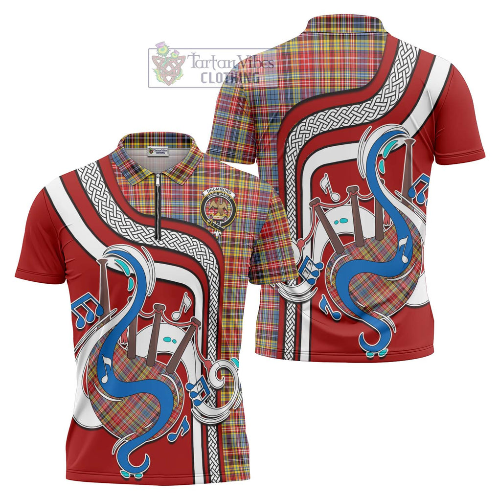 Drummond of Strathallan Modern Tartan Zipper Polo Shirt with Epic Bagpipe Style Unisex - Tartanvibesclothing Shop