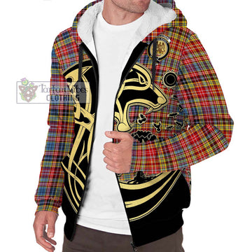 Drummond of Strathallan Modern Tartan Sherpa Hoodie with Family Crest Celtic Wolf Style