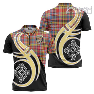 Drummond of Strathallan Modern Tartan Zipper Polo Shirt with Family Crest and Celtic Symbol Style