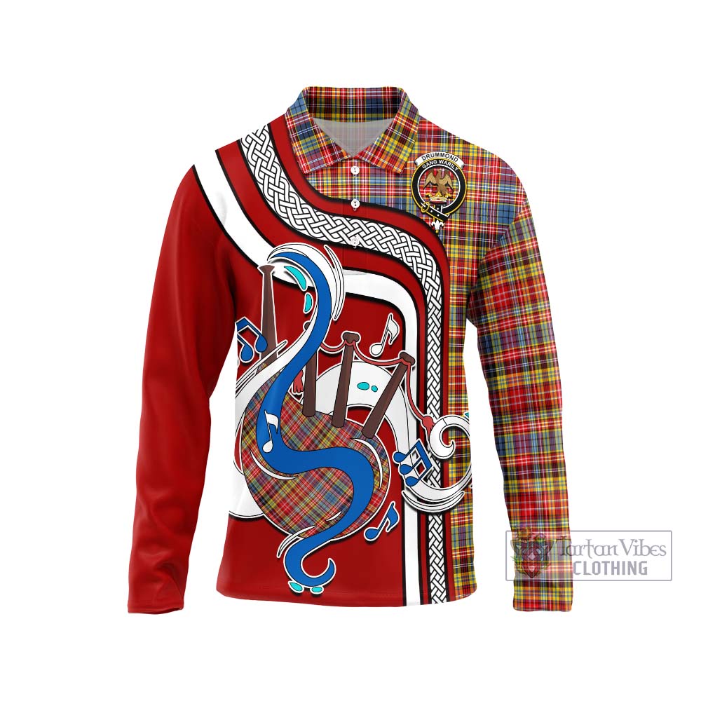 Tartan Vibes Clothing Drummond of Strathallan Modern Tartan Long Sleeve Polo Shirt with Epic Bagpipe Style