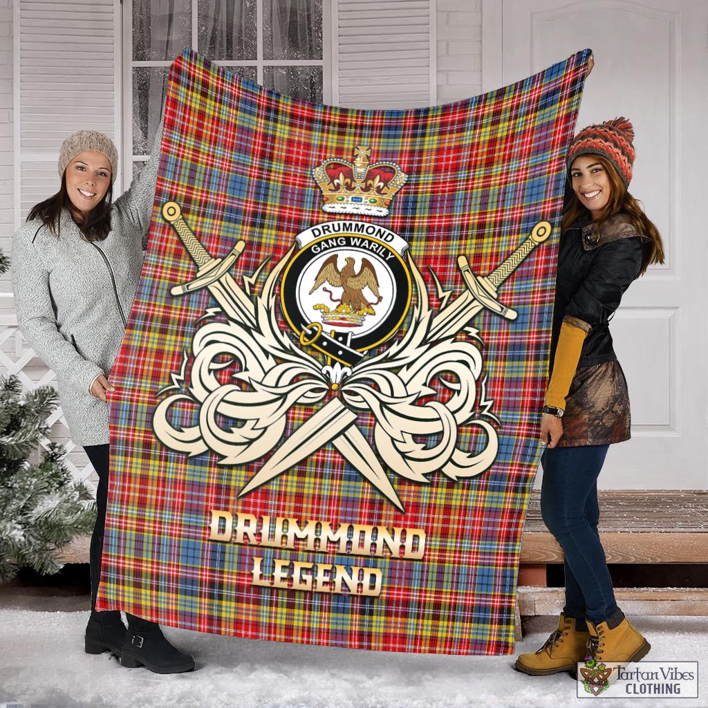 Tartan Vibes Clothing Drummond of Strathallan Modern Tartan Blanket with Clan Crest and the Golden Sword of Courageous Legacy