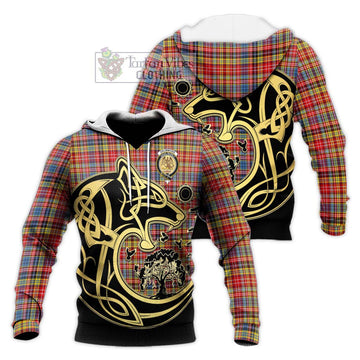 Drummond of Strathallan Modern Tartan Knitted Hoodie with Family Crest Celtic Wolf Style