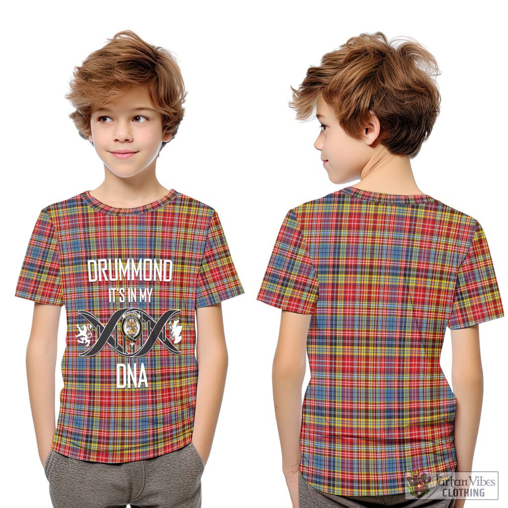 Drummond of Strathallan Modern Tartan Kid T-Shirt with Family Crest DNA In Me Style Youth XL Size14 - Tartanvibesclothing Shop