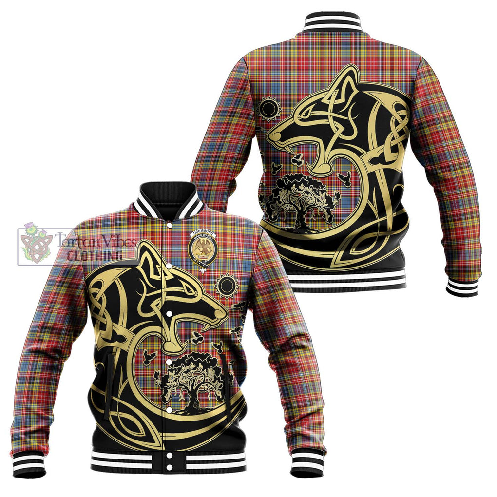 Drummond of Strathallan Modern Tartan Baseball Jacket with Family Crest Celtic Wolf Style Unisex - Tartan Vibes Clothing