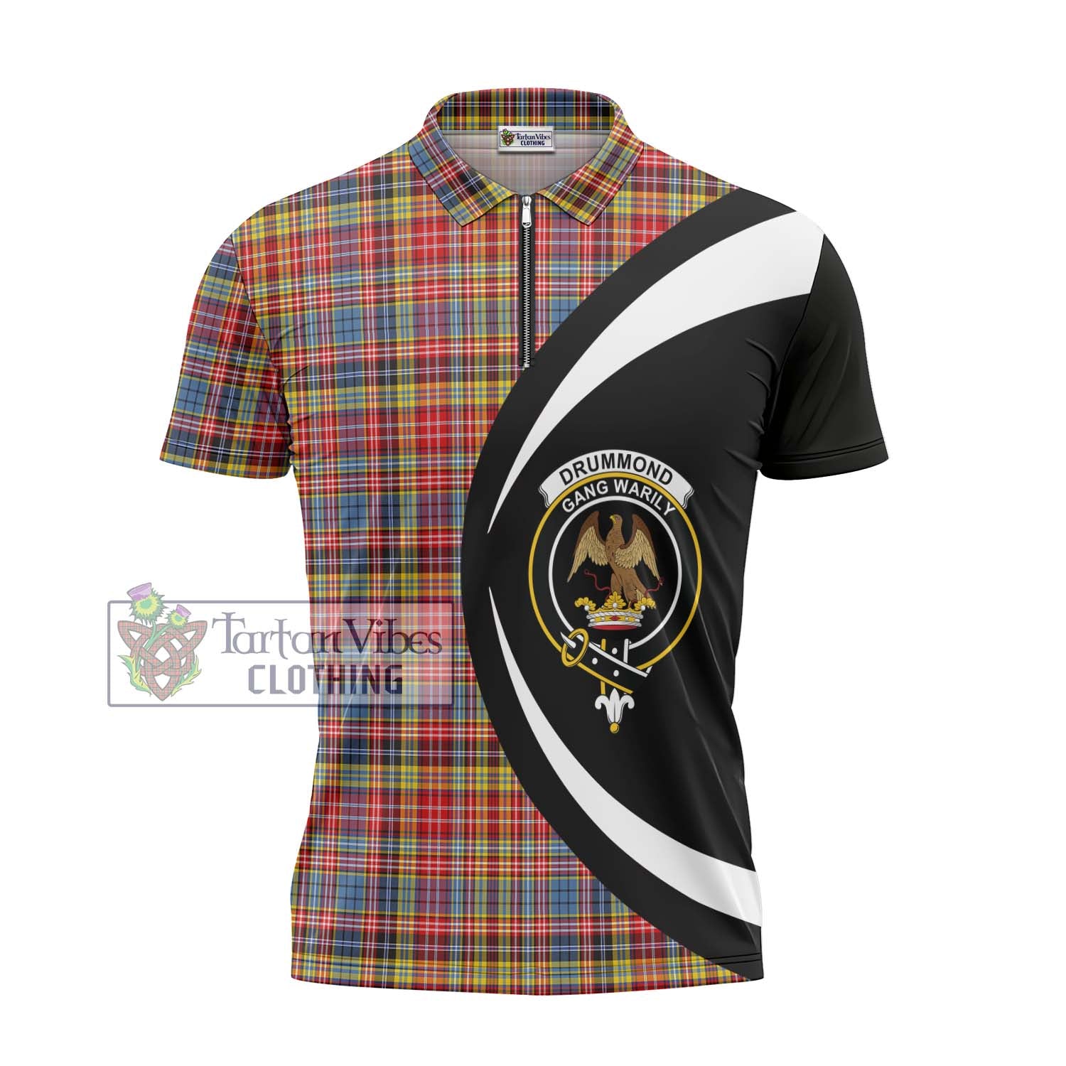 Tartan Vibes Clothing Drummond of Strathallan Modern Tartan Zipper Polo Shirt with Family Crest Circle Style