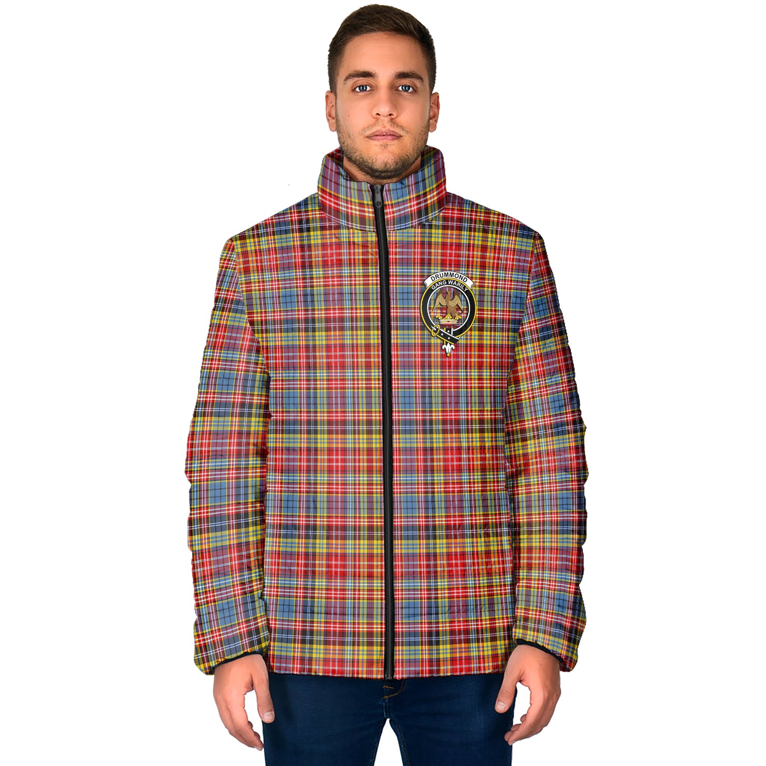 Drummond of Strathallan Modern Tartan Padded Jacket with Family Crest - Tartan Vibes Clothing