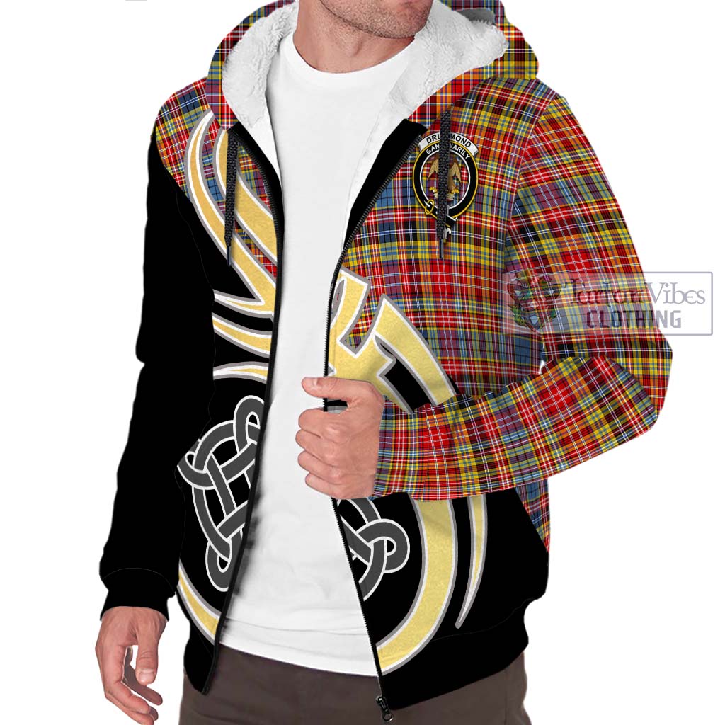 Drummond of Strathallan Modern Tartan Sherpa Hoodie with Family Crest and Celtic Symbol Style - Tartan Vibes Clothing