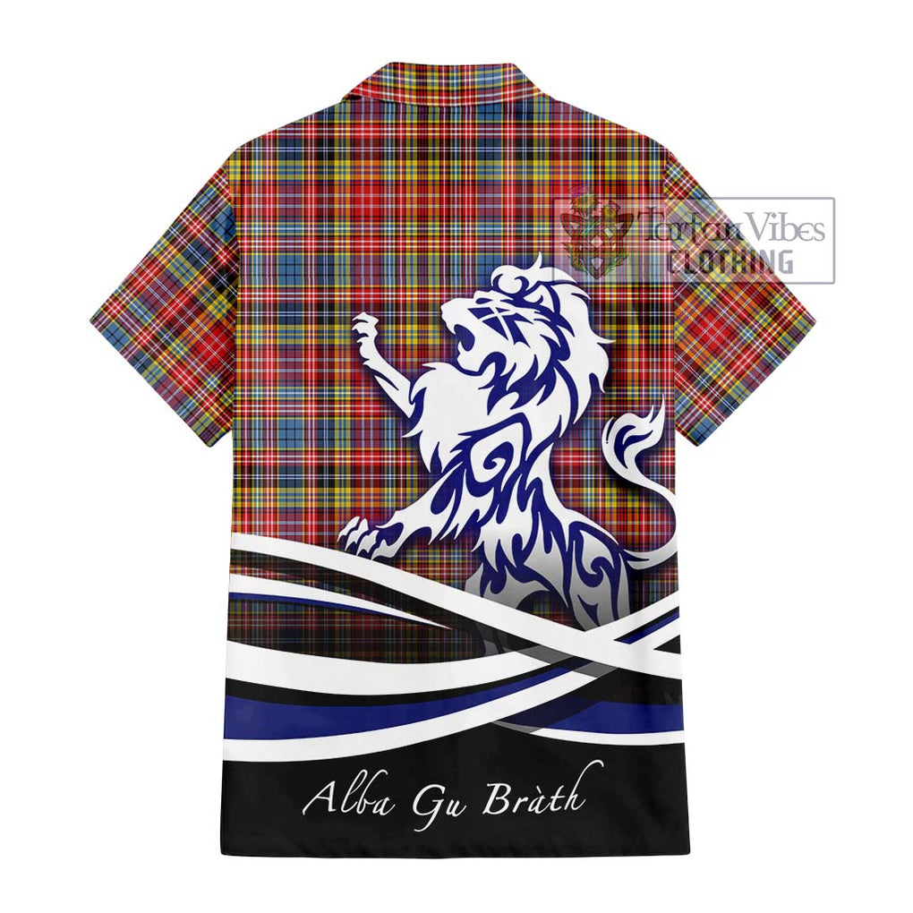 Drummond of Strathallan Modern Tartan Short Sleeve Button Shirt with Alba Gu Brath Regal Lion Emblem - Tartanvibesclothing Shop