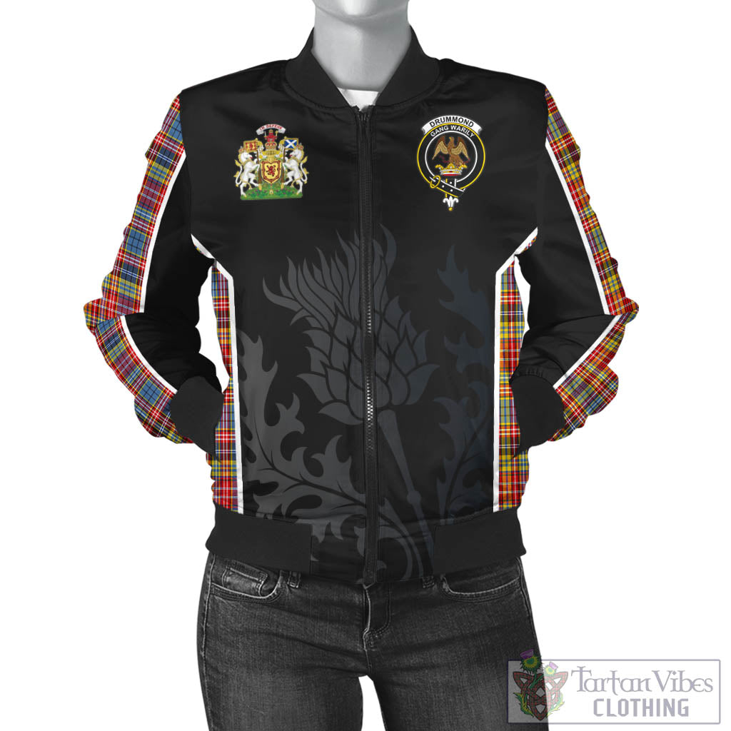 Tartan Vibes Clothing Drummond of Strathallan Modern Tartan Bomber Jacket with Family Crest and Scottish Thistle Vibes Sport Style