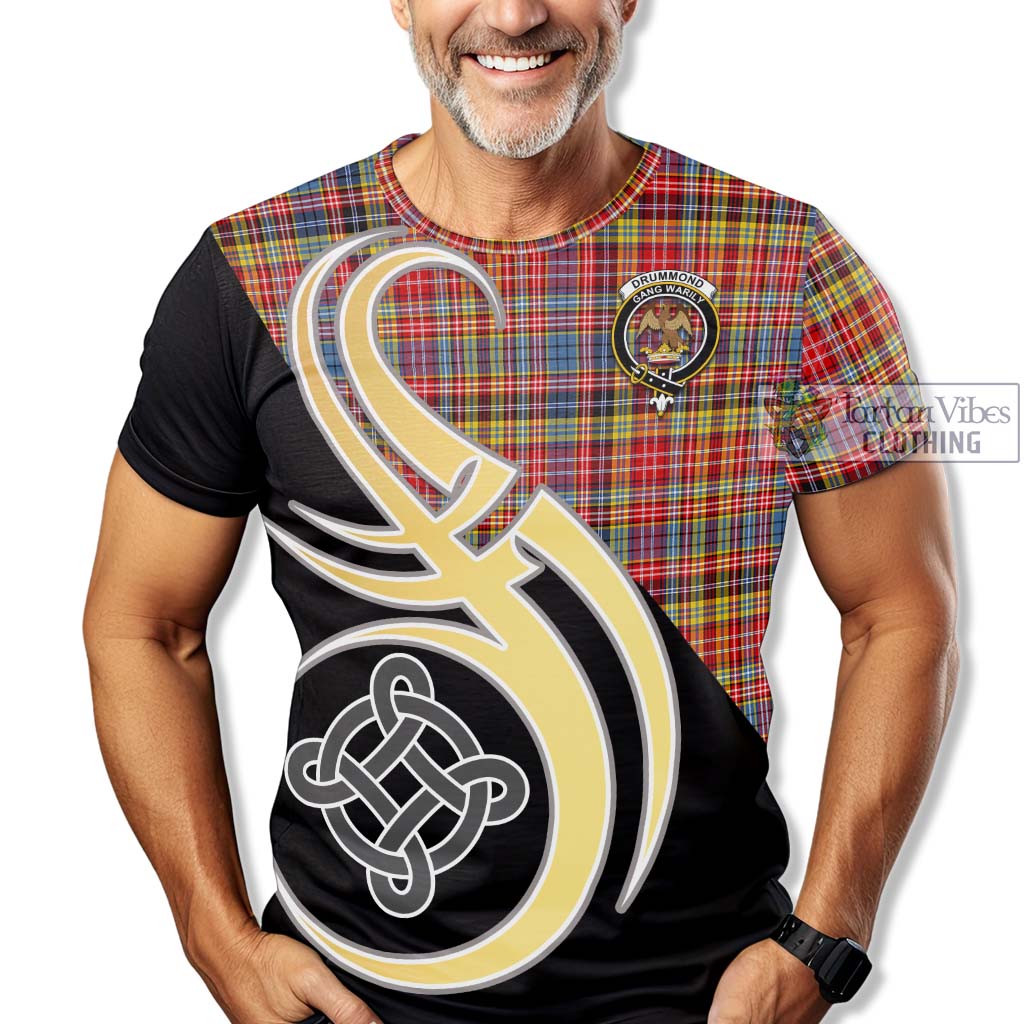 Tartan Vibes Clothing Drummond of Strathallan Modern Tartan T-Shirt with Family Crest and Celtic Symbol Style