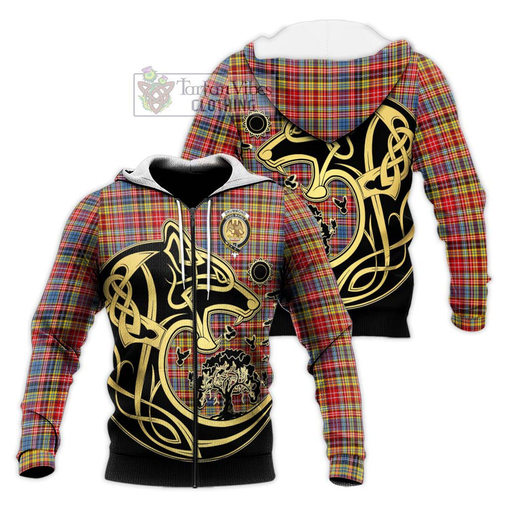 Drummond of Strathallan Modern Tartan Knitted Hoodie with Family Crest Celtic Wolf Style Unisex Knitted Zip Hoodie - Tartan Vibes Clothing