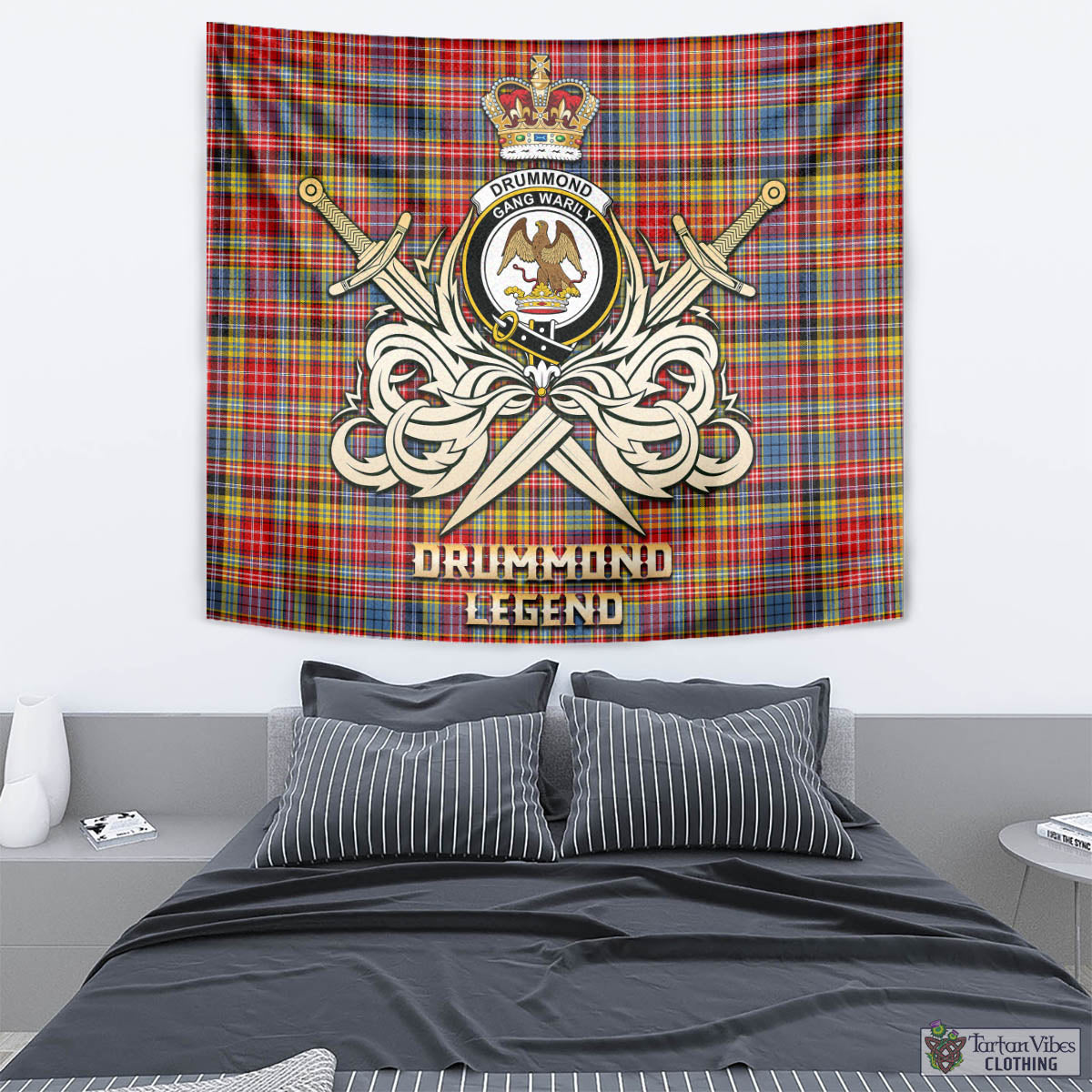 Tartan Vibes Clothing Drummond of Strathallan Modern Tartan Tapestry with Clan Crest and the Golden Sword of Courageous Legacy