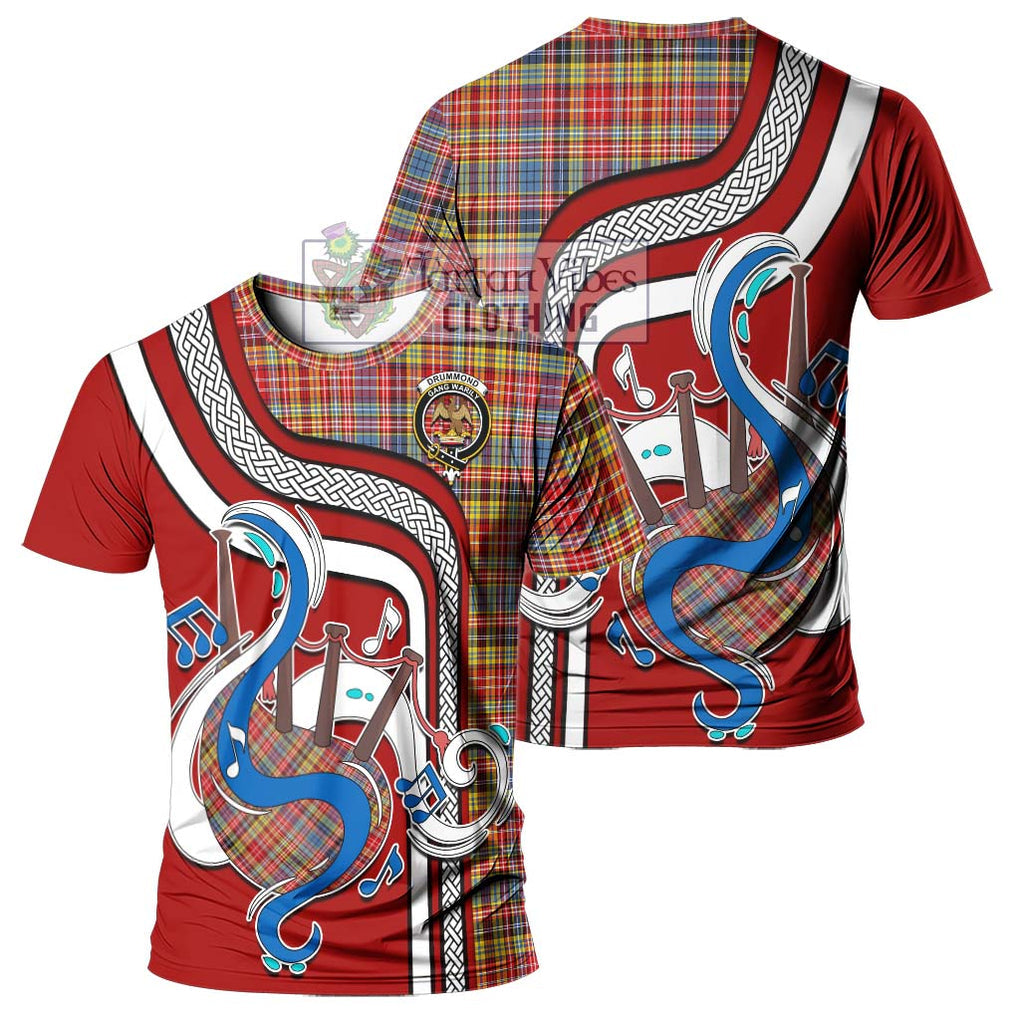 Drummond of Strathallan Modern Tartan T-Shirt with Epic Bagpipe Style - Tartanvibesclothing Shop