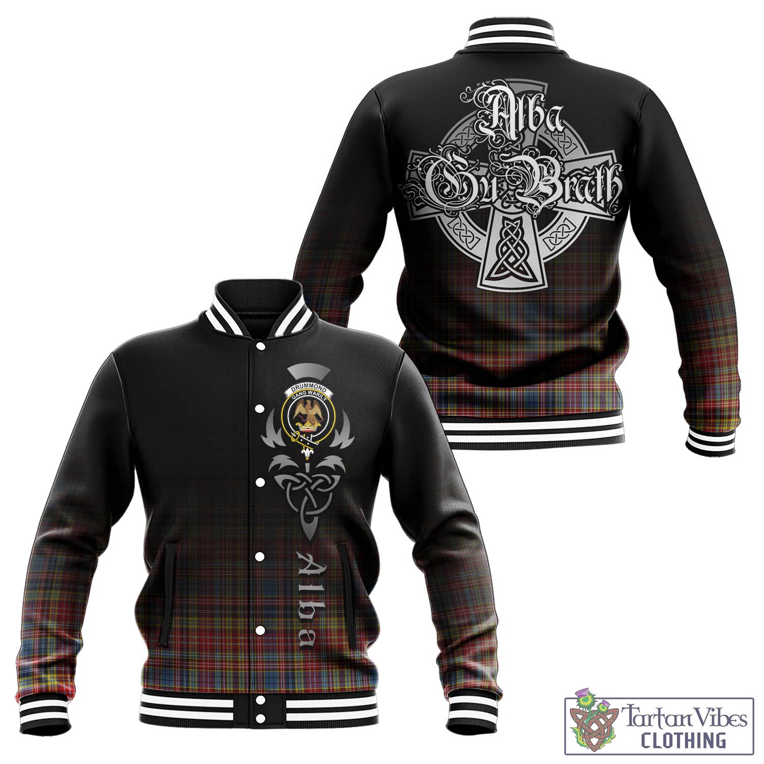 Tartan Vibes Clothing Drummond of Strathallan Modern Tartan Baseball Jacket Featuring Alba Gu Brath Family Crest Celtic Inspired