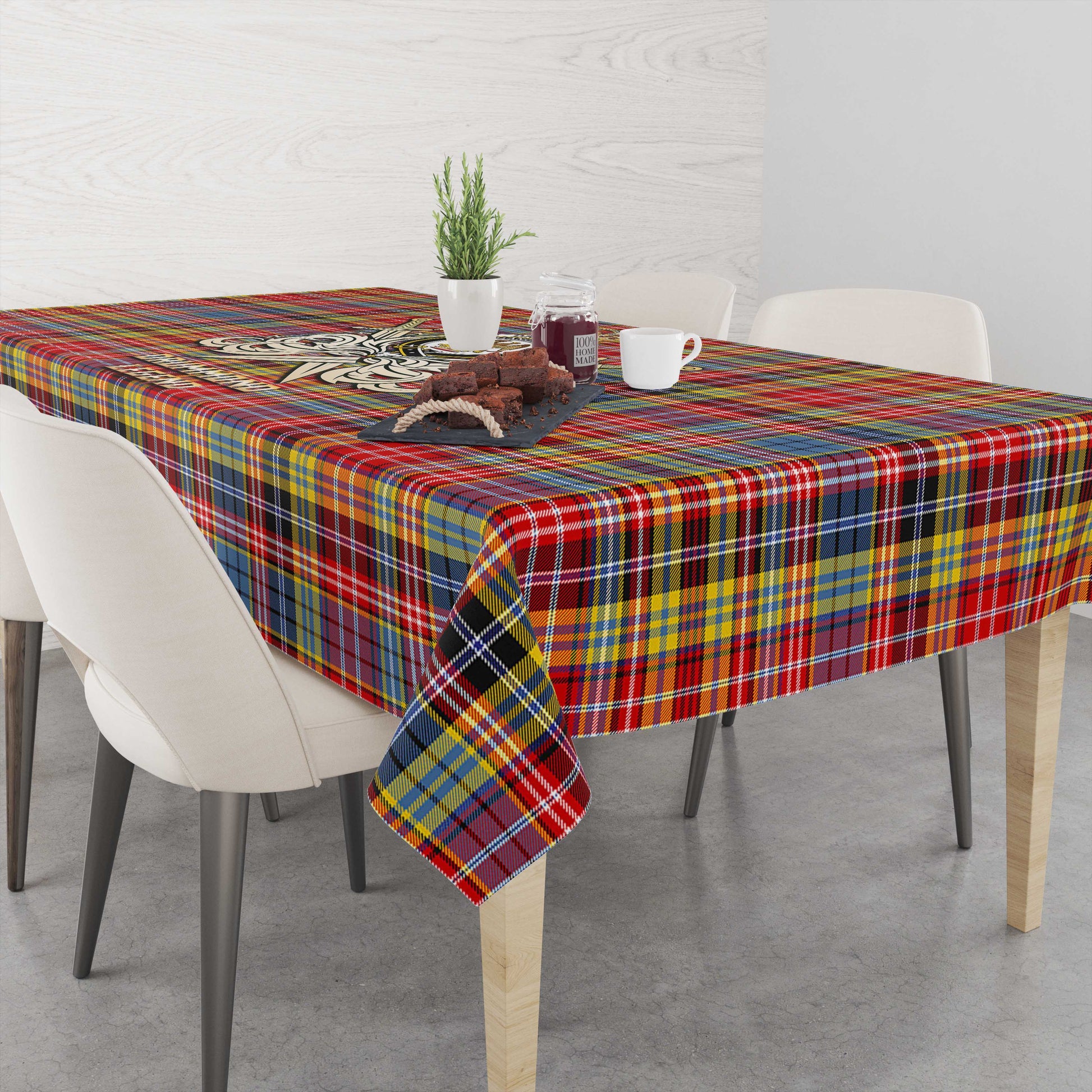 Tartan Vibes Clothing Drummond of Strathallan Modern Tartan Tablecloth with Clan Crest and the Golden Sword of Courageous Legacy