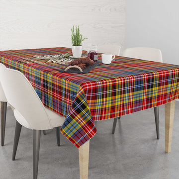 Drummond of Strathallan Modern Tartan Tablecloth with Clan Crest and the Golden Sword of Courageous Legacy