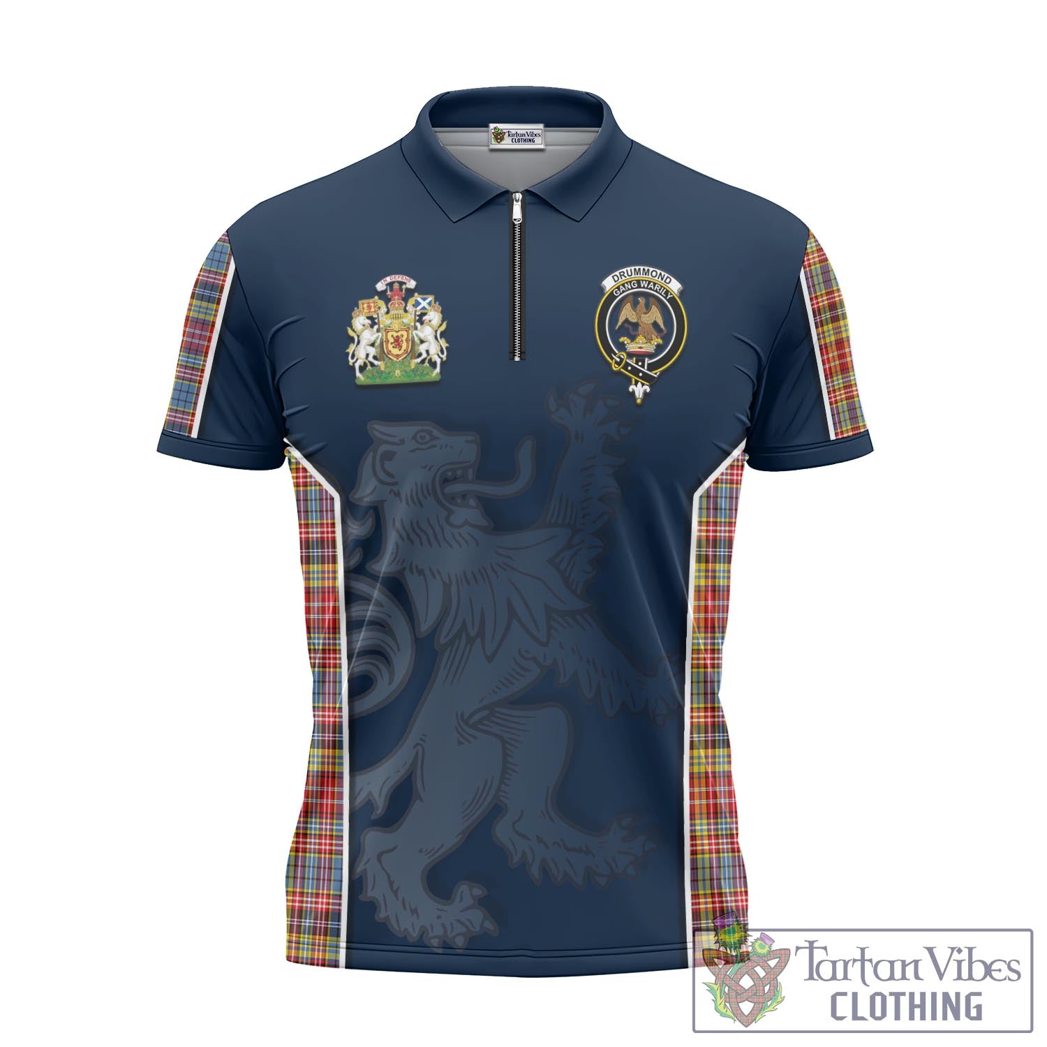 Tartan Vibes Clothing Drummond of Strathallan Modern Tartan Zipper Polo Shirt with Family Crest and Lion Rampant Vibes Sport Style