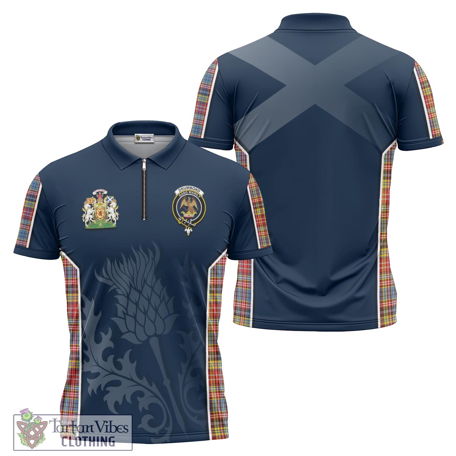 Tartan Vibes Clothing Drummond of Strathallan Modern Tartan Zipper Polo Shirt with Family Crest and Scottish Thistle Vibes Sport Style