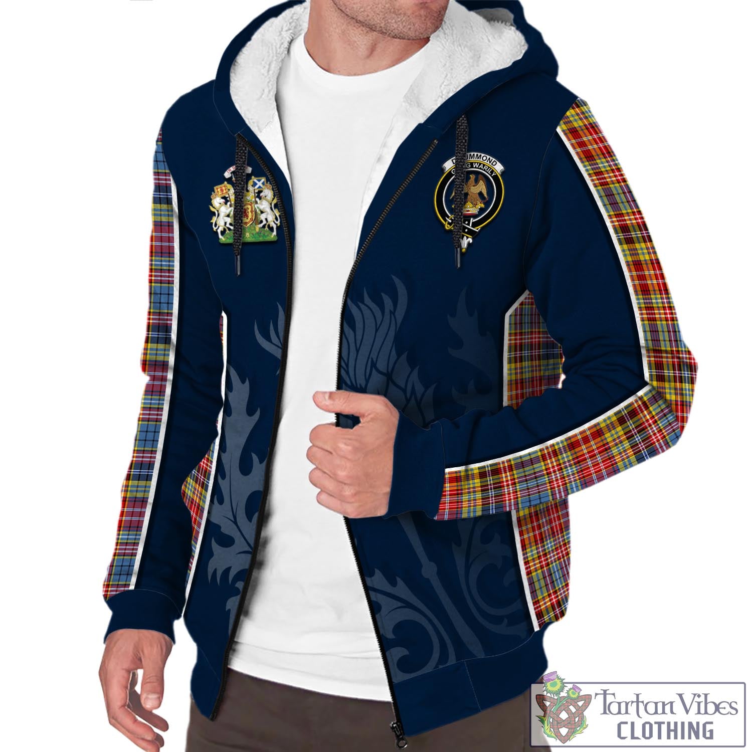 Tartan Vibes Clothing Drummond of Strathallan Modern Tartan Sherpa Hoodie with Family Crest and Scottish Thistle Vibes Sport Style