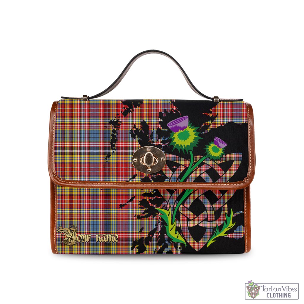 Tartan Vibes Clothing Drummond of Strathallan Modern Tartan Waterproof Canvas Bag with Scotland Map and Thistle Celtic Accents