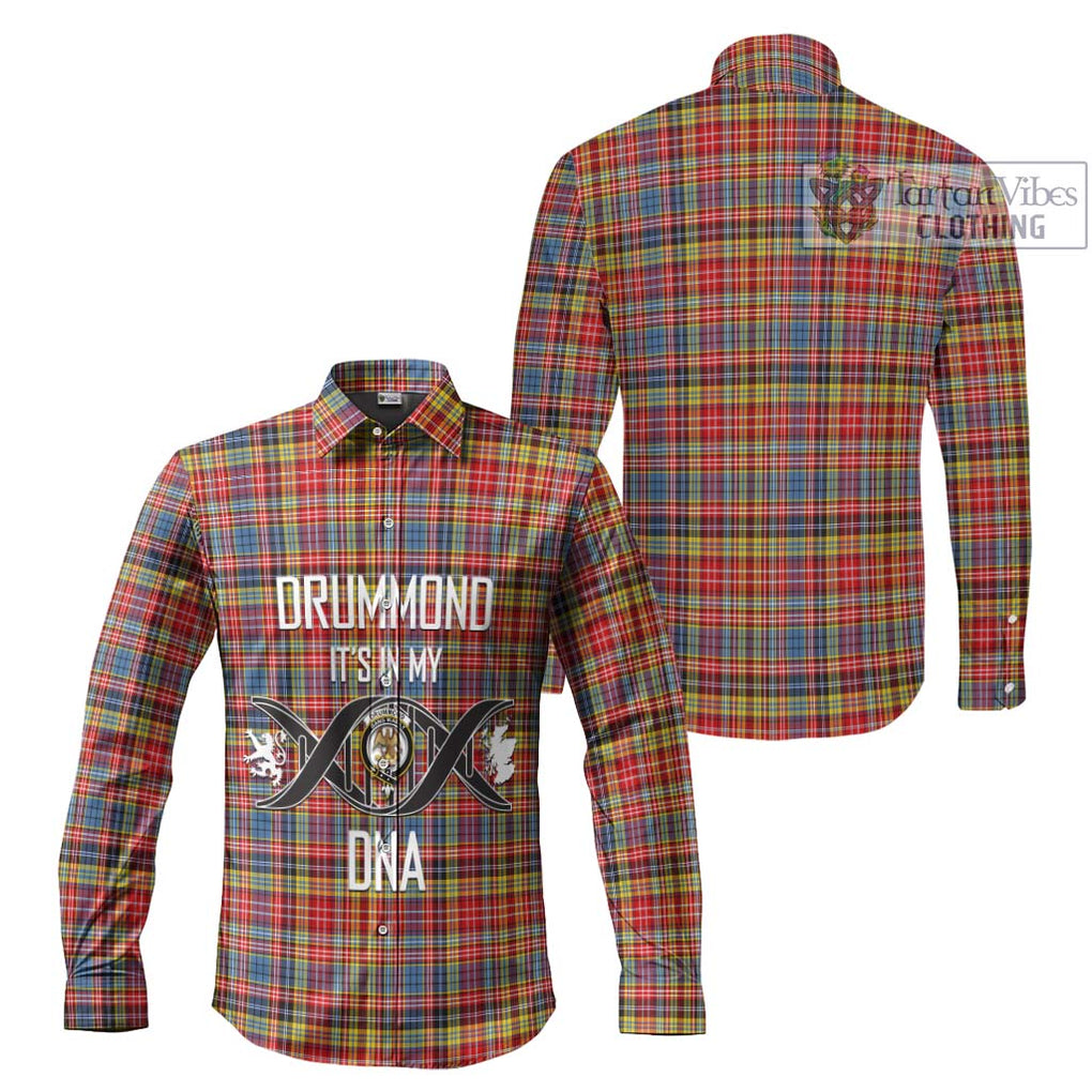 Drummond of Strathallan Modern Tartan Long Sleeve Button Shirt with Family Crest DNA In Me Style Men's Shirt - Tartanvibesclothing Shop