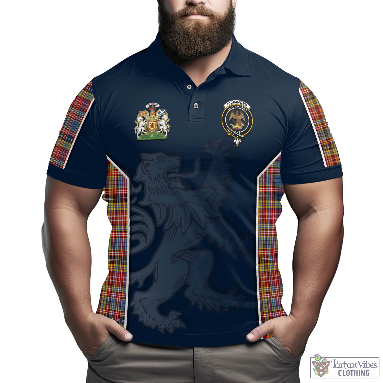 Tartan Vibes Clothing Drummond of Strathallan Modern Tartan Men's Polo Shirt with Family Crest and Lion Rampant Vibes Sport Style