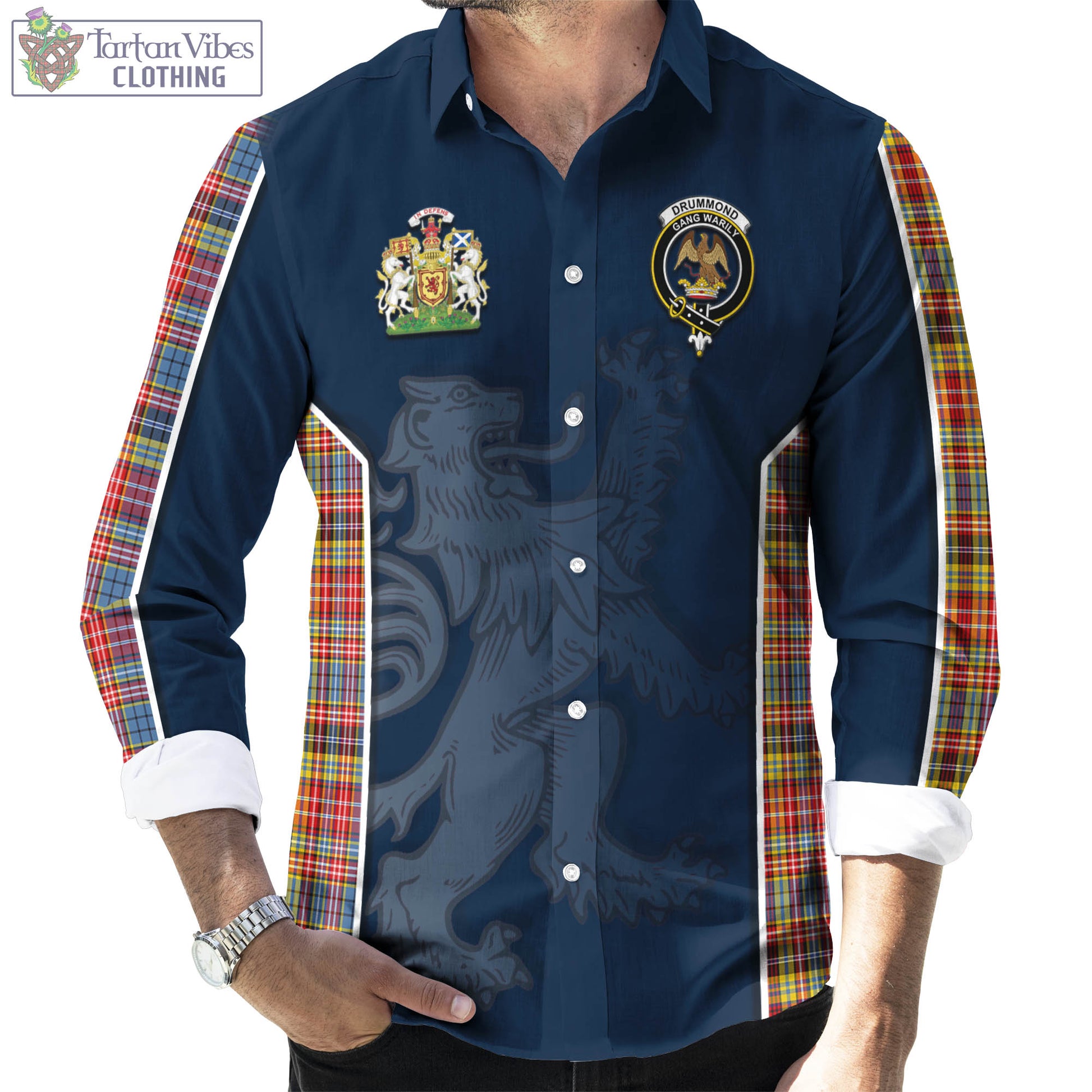 Tartan Vibes Clothing Drummond of Strathallan Modern Tartan Long Sleeve Button Up Shirt with Family Crest and Lion Rampant Vibes Sport Style