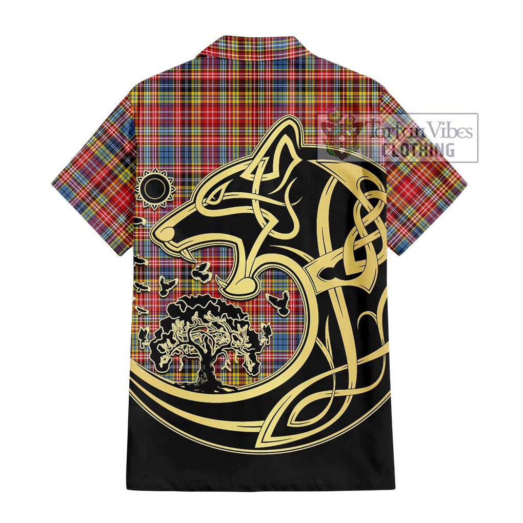 Drummond of Strathallan Modern Tartan Short Sleeve Button Shirt with Family Crest Celtic Wolf Style - Tartan Vibes Clothing