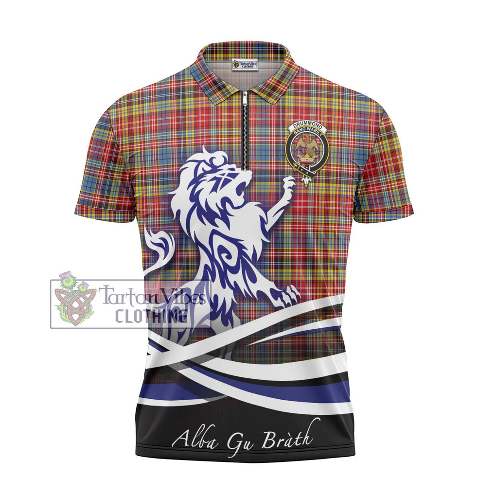 Drummond of Strathallan Modern Tartan Zipper Polo Shirt with Alba Gu Brath Regal Lion Emblem - Tartanvibesclothing Shop