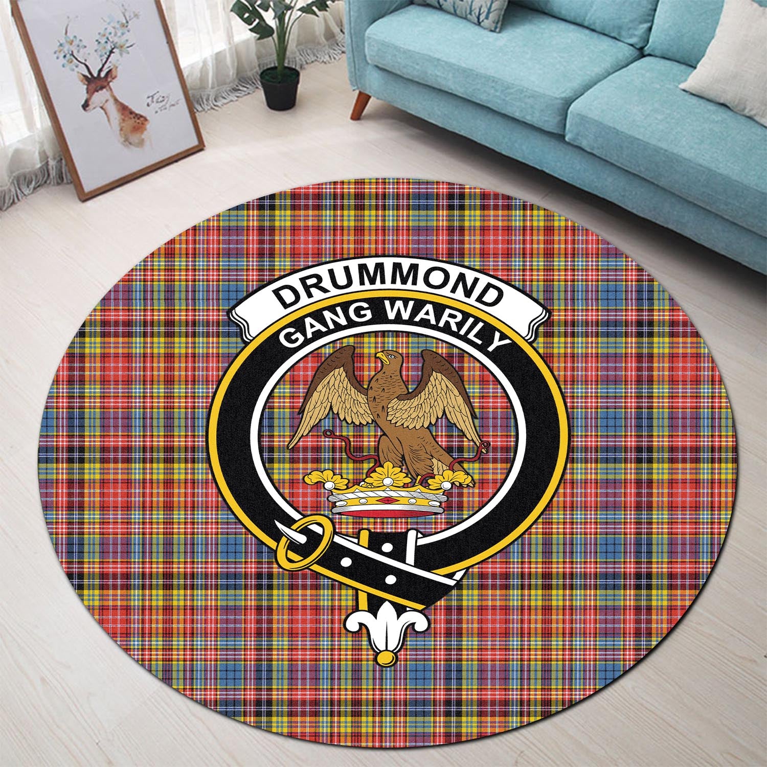 Drummond of Strathallan Modern Tartan Round Rug with Family Crest - Tartanvibesclothing