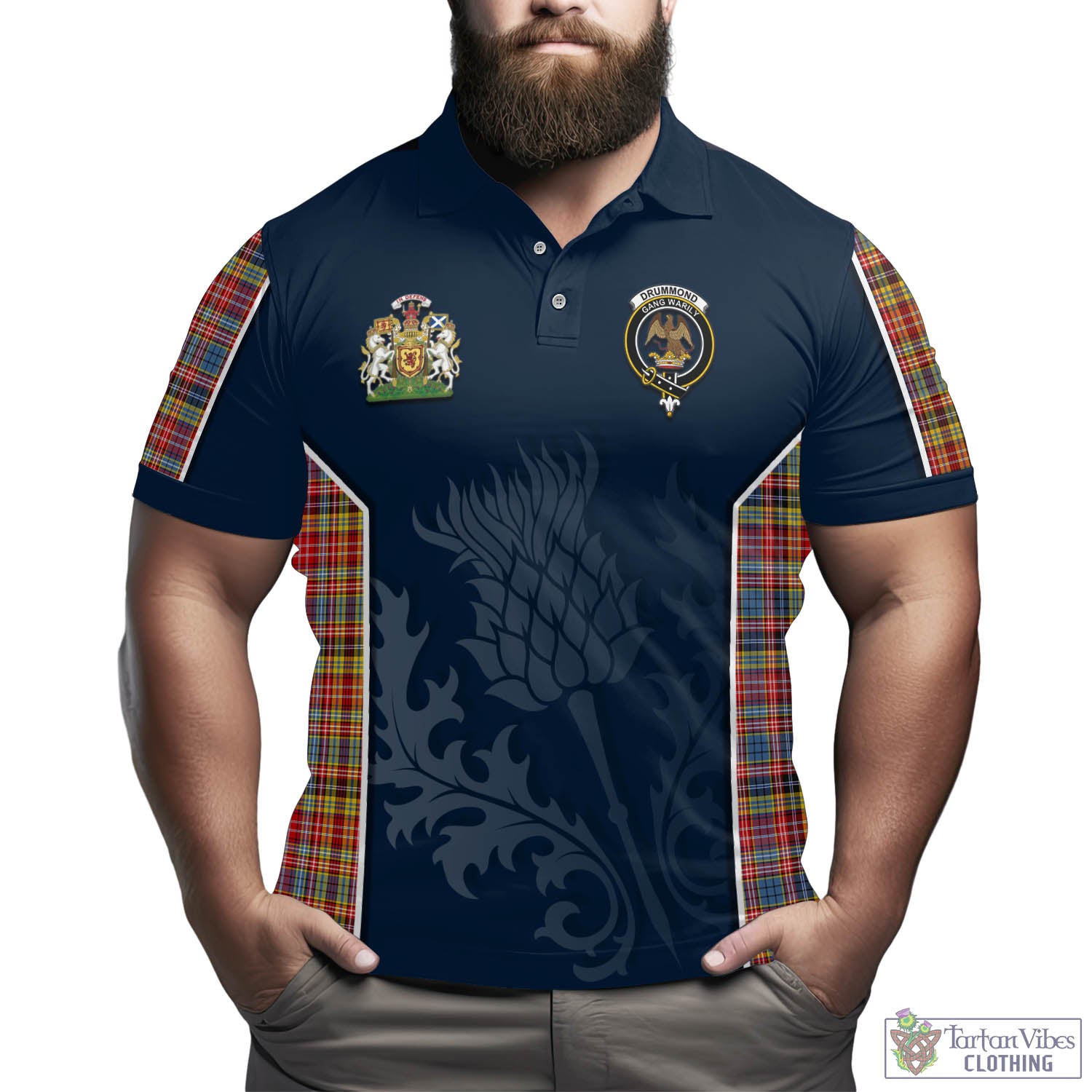 Tartan Vibes Clothing Drummond of Strathallan Modern Tartan Men's Polo Shirt with Family Crest and Scottish Thistle Vibes Sport Style