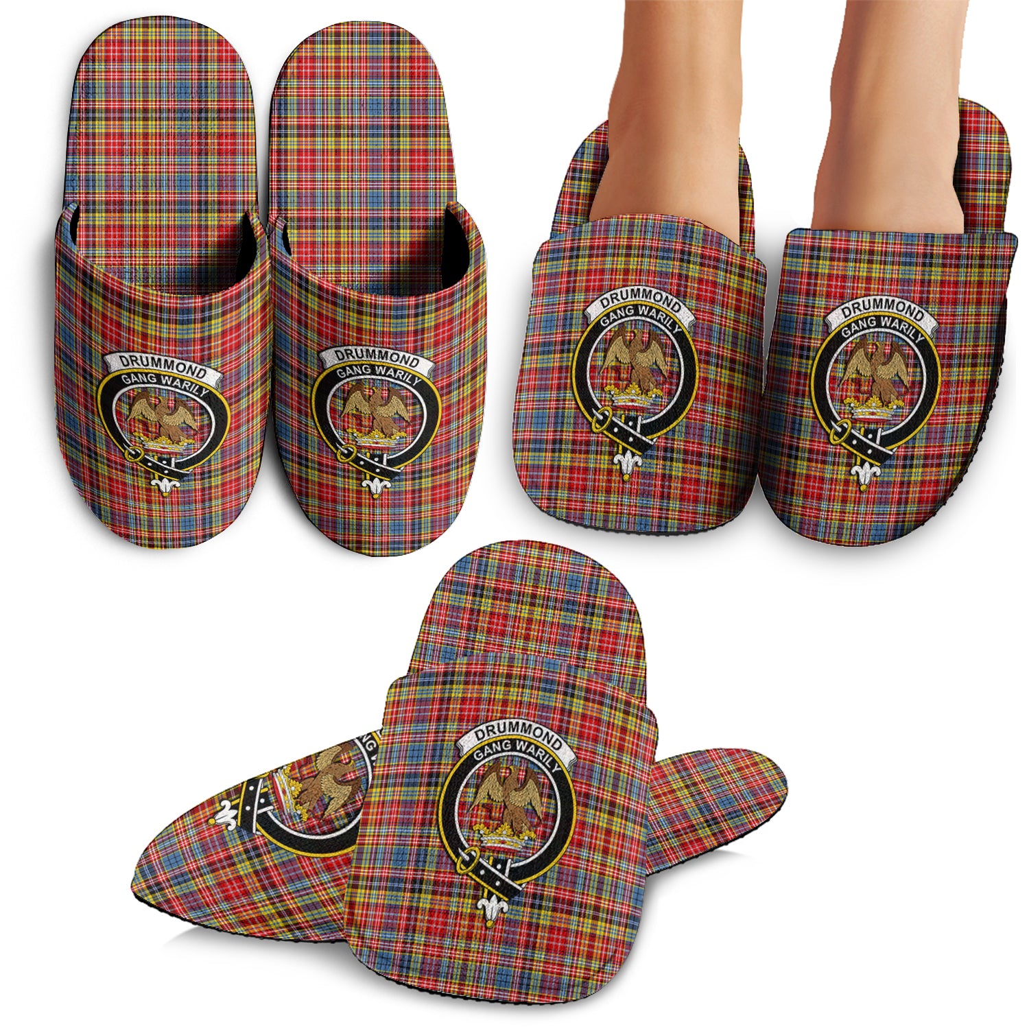 Drummond of Strathallan Modern Tartan Home Slippers with Family Crest - Tartanvibesclothing