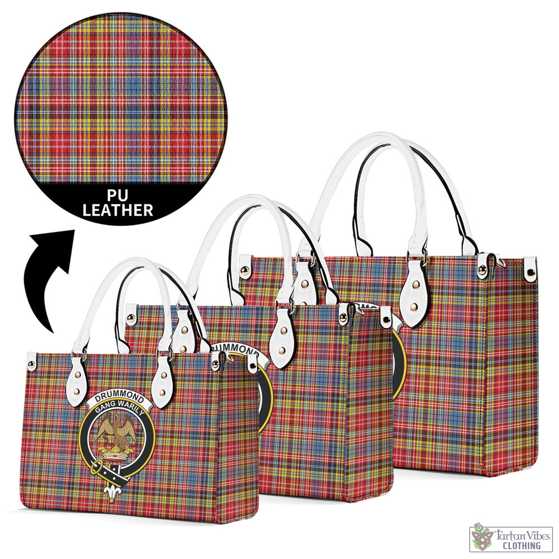 Tartan Vibes Clothing Drummond of Strathallan Modern Tartan Luxury Leather Handbags with Family Crest