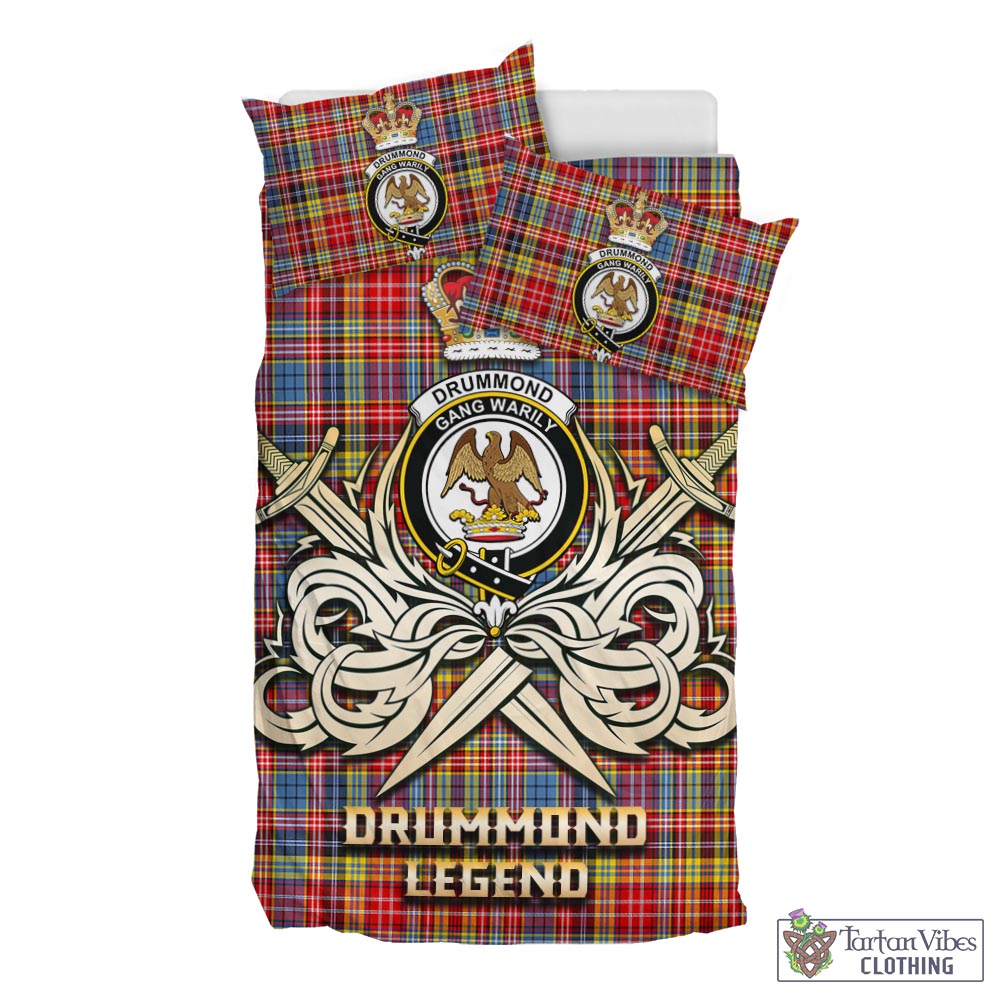 Tartan Vibes Clothing Drummond of Strathallan Modern Tartan Bedding Set with Clan Crest and the Golden Sword of Courageous Legacy