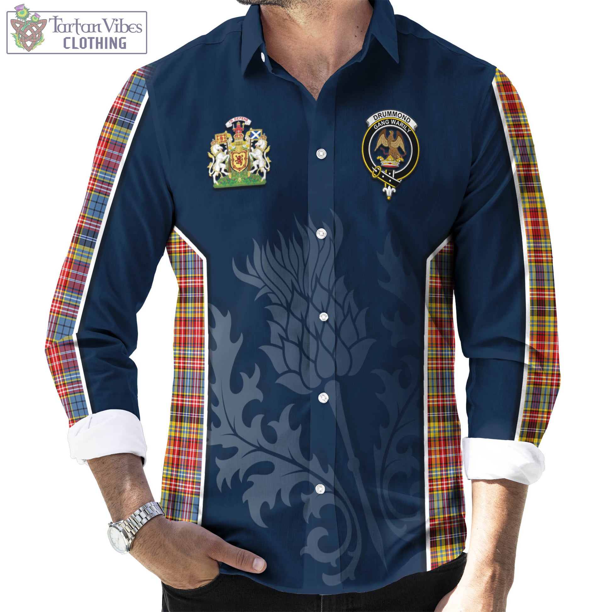 Tartan Vibes Clothing Drummond of Strathallan Modern Tartan Long Sleeve Button Up Shirt with Family Crest and Scottish Thistle Vibes Sport Style