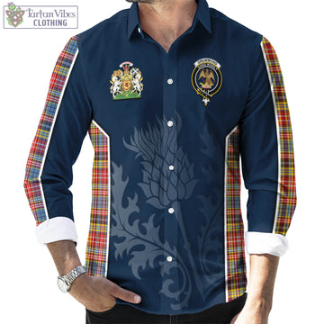 Drummond of Strathallan Modern Tartan Long Sleeve Button Up Shirt with Family Crest and Scottish Thistle Vibes Sport Style