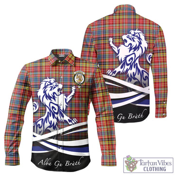 Drummond of Strathallan Modern Tartan Long Sleeve Button Up Shirt with Alba Gu Brath Regal Lion Emblem