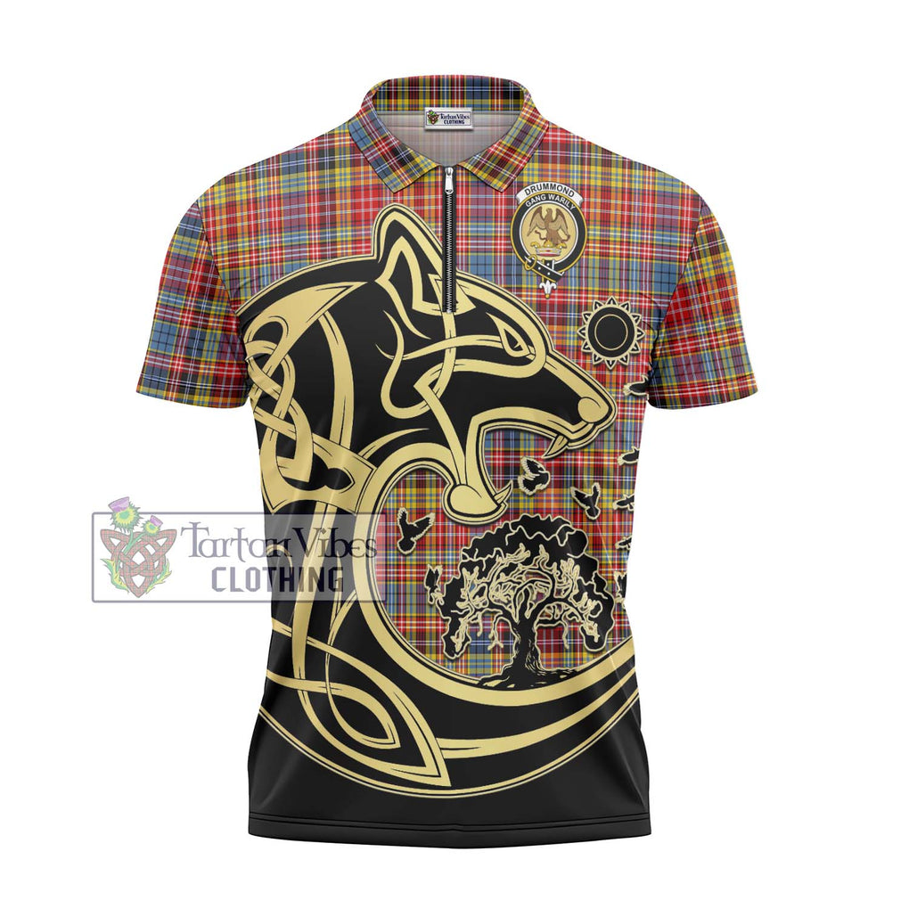 Drummond of Strathallan Modern Tartan Zipper Polo Shirt with Family Crest Celtic Wolf Style - Tartanvibesclothing Shop