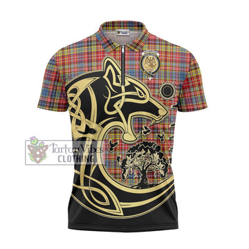 Drummond of Strathallan Modern Tartan Zipper Polo Shirt with Family Crest Celtic Wolf Style