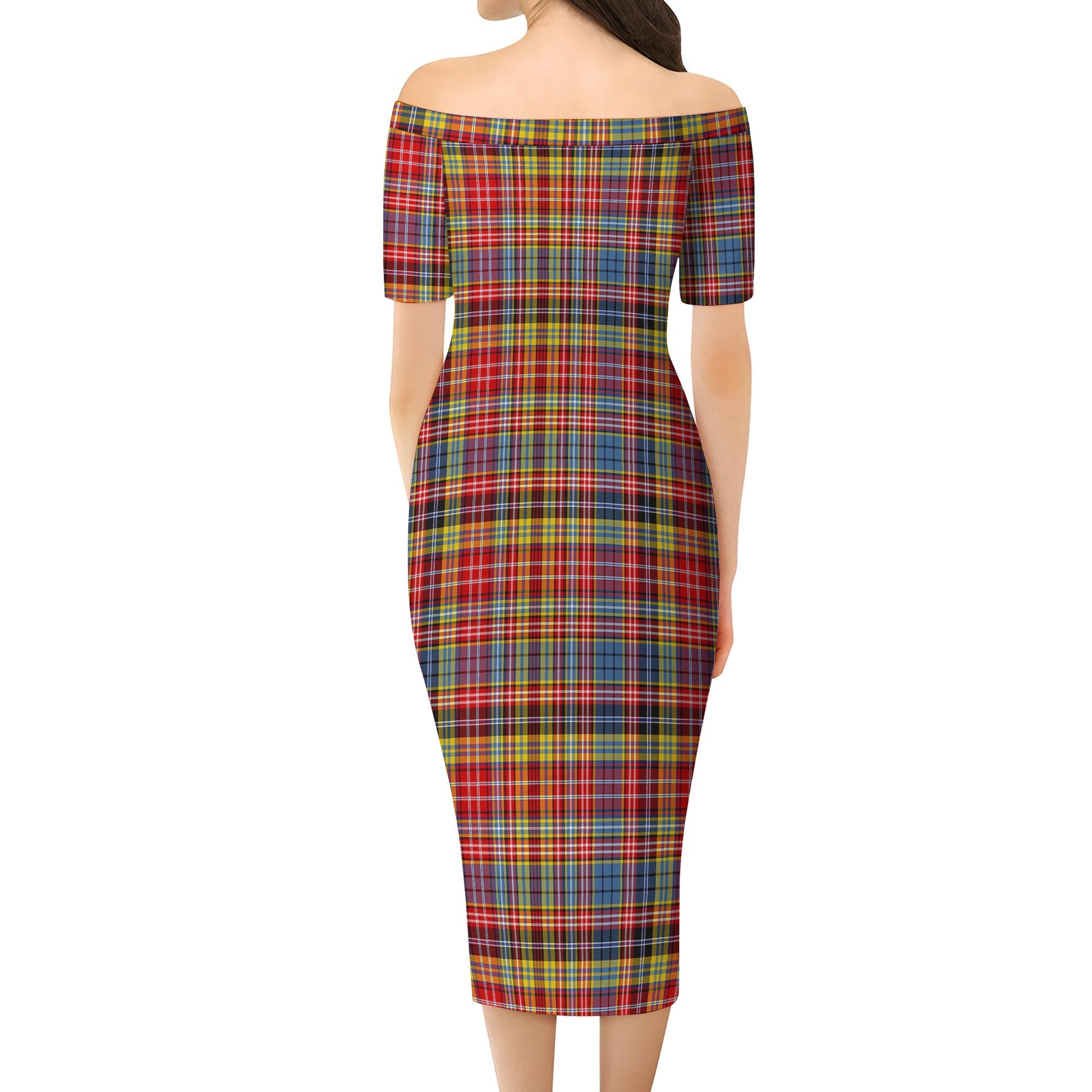 Drummond of Strathallan Modern Tartan Off Shoulder Lady Dress - Tartanvibesclothing