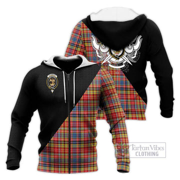 Drummond of Strathallan Modern Tartan Knitted Hoodie with Family Crest and Military Logo Style